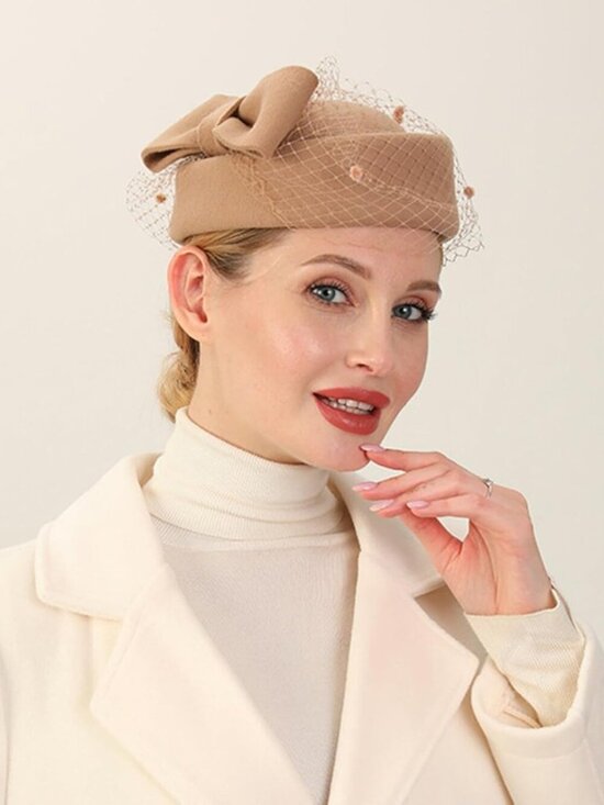 Women\'s British Style Pillbox Church Derby Wedding Winter Vintage Veil Hat khaki main image 5